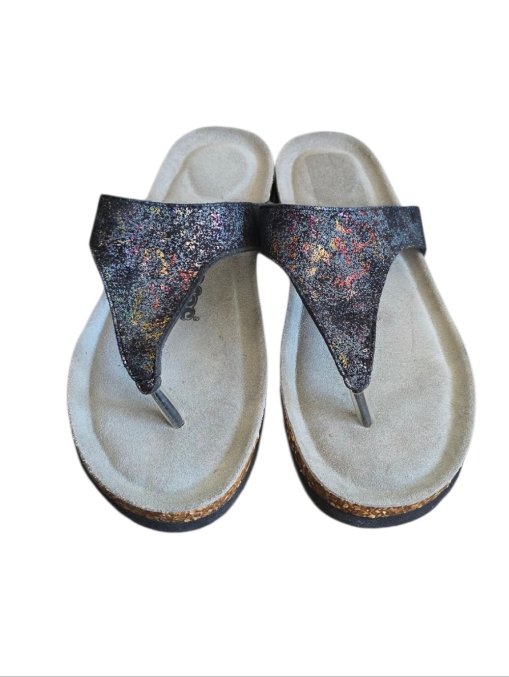 SoftMoc Black Glitter Thong Sandals Size 10 Womens Cork Footbed Comfort Slip On